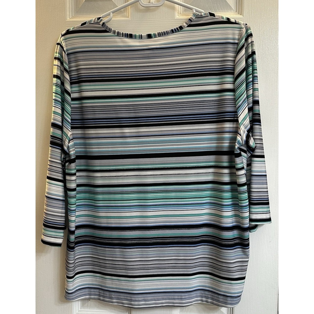 BonWorth Womens Petite Medium Teal Blue Striped 3/4 Sleeve Top 45903 - Picture 2 of 3